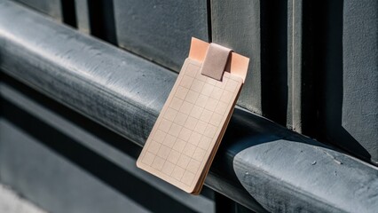 A small beige notepad with a grid pattern is clipped onto a dark metal surface, illuminated by sunlight.