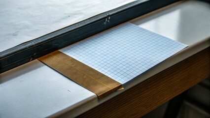 A sheet of graph paper is taped to a windowsill with brown tape inside a room with natural light.