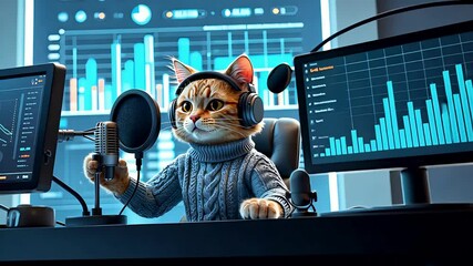 Cat Wearing Headphones Broadcasting Financial Charts in High-Tech Studio with Microphones - Powered by Adobe