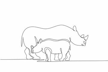 Single continuous line drawing mother rhino and baby rhino standing in opposite directions. Looking for fruit. Foraging season. Pachyderm. Save the Rhino Day. One line design vector illustration