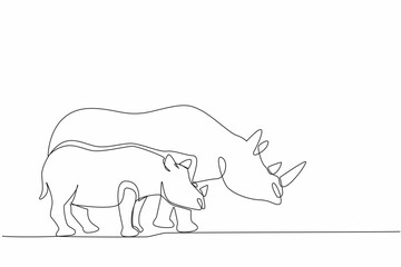 Continuous one line drawing the mother rhino and baby rhino stand. As if walking side by side. Looking for plants or fruit to eat. Save the Rhino Day. Single line draw design vector illustration
