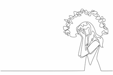 Single continuous line drawing a woman cover face with both palms with around head tangled thread. Heartache. Prolonged stress. National Anxiety Screening Day. One line design vector illustration