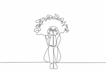 Single one line drawing woman sit on the floor cover face, pull hair with both hands. Mental illness. Psychological fatigue. National Anxiety Screening Day. Continuous line design graphic illustration