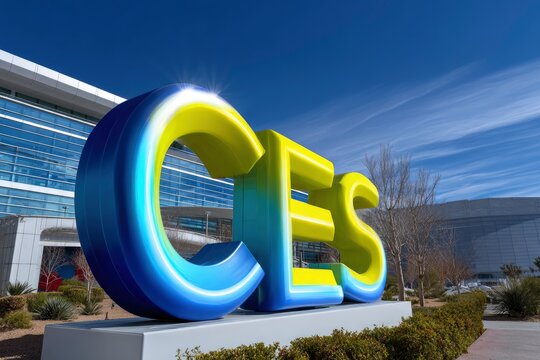 A large vibrant CES sign stands outdoors against a clear sky and modern buildings