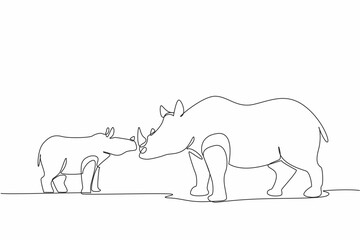 Single continuous line drawing the mother rhino and baby rhino stand facing each other and put heads together. Animal language. Communication. Save the Rhino Day. One line design vector illustration