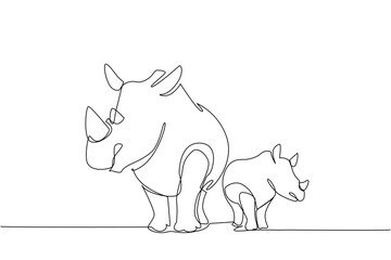 Single one line drawing mother rhino and baby rhino standing side by side and looking to the side. Observing the green safari. Habitat. Save the Rhino Day. Continuous line design graphic illustration