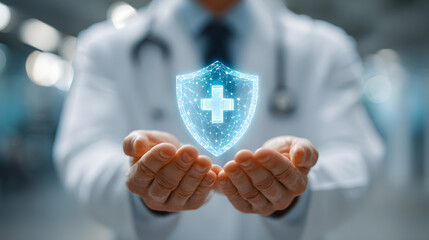 Caucasian male doctor wearing white lab coat and stethoscope, with extended hands holding virtual blue shield and lock, patient privacy concept