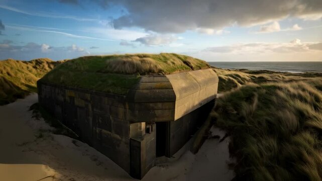 Concrete military bunker nestled in sandy dunes near the sea, topped with green grass and open entrance at twilight