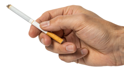 Closeup of human hand holding a cigarette, emphasizing tobacco addiction and the need to stop smoking for better health