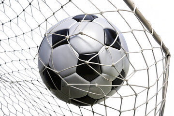 Naklejka premium Black and white soccer ball in a white goal net against a background of colorful digital noise A I G E N E R A T E D - P N G isolated on a transparent background