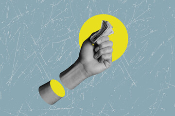 Modern art collage in retro style,, hand holding a stack of money. Financial development and income increase.	
