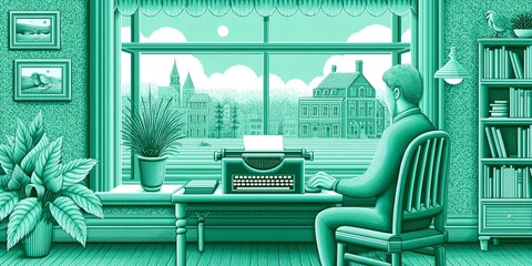 A retro ad agency scene showing content creation with typewriter and storyboards