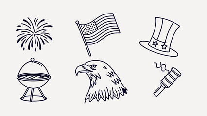 Independence Day Icon Set – Outline Style USA Icons with Firework, Flag, Liberty Bell, Eagle, Hat, Grill, Rocket © VectorCraft Original