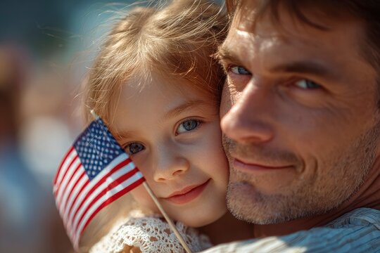A man embraces a young girl holding an American flag both smiling slightly
