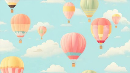Pastel hot air balloons pattern, pink, yellow and blue colors, celebration background