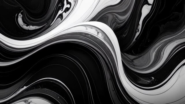 Abstract monochrome background featuring flowing, swirling, and intertwining black and white liquid patterns with a marbled texture effect