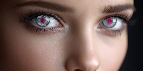Fototapeta premium Hyper realistic close-up of eyes focused on a live chat screen with blinking notifications
