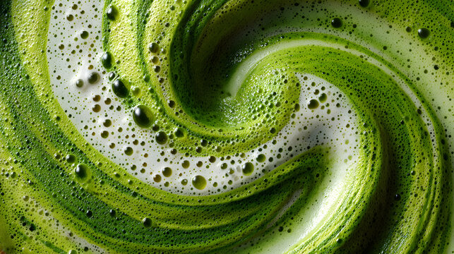frothy matcha latte with its signature vibrant green color and delicate swirling foam patterns, a macro and full-frame texture shot, close-up texture, top view