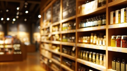 Neatly stocked retail aisle with warm lighting, showcasing organized products. A welcoming shopping experience with focus on product presentation.