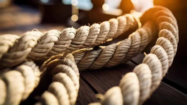 Coiled thick rope lying on a sunlit wooden dock, creating a nautical and textured maritime scene conveying seafaring themes