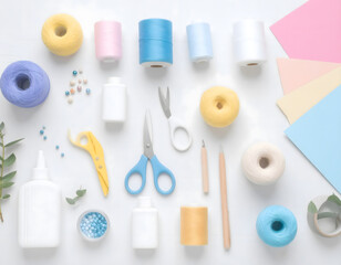 Naklejka premium Flat Lay of Crafting Supplies with Colored Paper and Twine