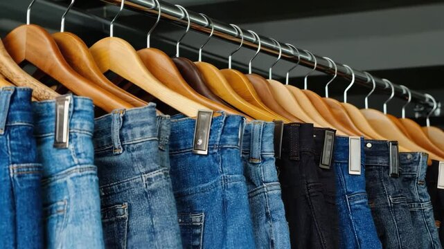 Rack of denim pants in various shades on wooden hangers.