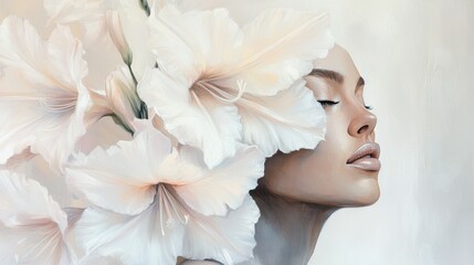 woman with eyes closed, face covered to a huge white gladiola flowers