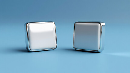 Square white metal snap button mockup isolated, 3d rendering. Empty clothing jeans clasp mock up, front and back side view