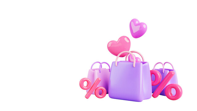 3d render shop paper bags love sale background. Fashion banner for online shopping with gift packages, red heart balloons, percent or bonus. Valentine day pink design, shoping promo