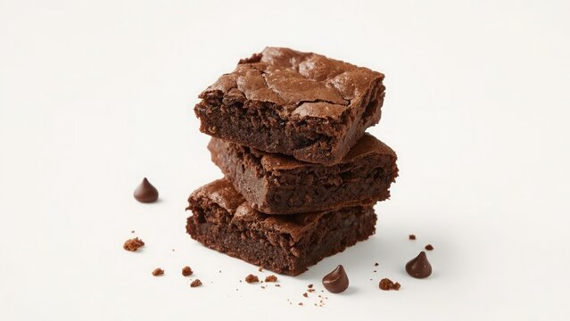 A stack of chocolate brownies on white background, homemade bakery and dessert. Bakery, confectionery concept