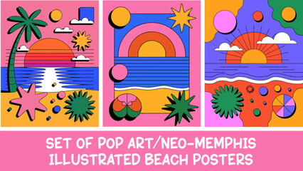 Set of pop art neo memphis beach poster flyers prints eps