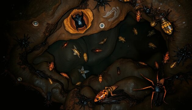 Cave Insects Artwork with Black Beetle and Spiders in Dramatic Mood