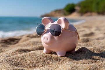 A piggy bank with sunglasses sits on sandy beach ocean and green hill background