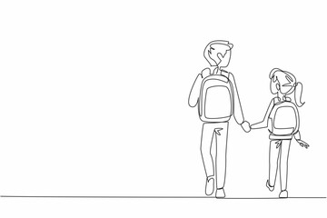 Single continuous line drawing older brother and younger sister carry bag walking. Older brother becomes the guardian of sibling. National Brothers and Sisters Day. One line design vector illustration