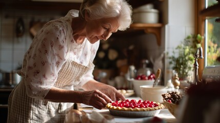 Elderly woman prepares cherry pie in cozy kitchen filled with warm sunlight and fresh ingredients