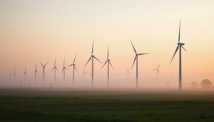 Wind Turbines Stand in Field at Sunrise Surrounded by Mist and Fog Over Landscape