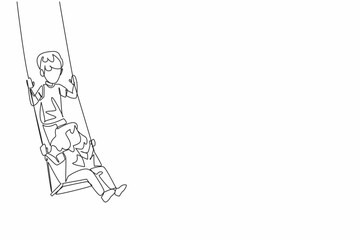 Single one line drawing older brother standing and younger sister sitting on the swing. Moment of joy. Harmonious. Play. National Brothers and Sisters Day. Continuous line design graphic illustration