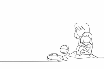 Single continuous line drawing older sister sitting on the floor and holding younger brother. Sibling harmony. Playing together. National Brothers and Sisters Day. One line design vector illustration