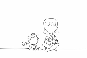 Single continuous line drawing older sister sitting cross legged on floor younger brother proning. Protect. Play. Togetherness. National Brothers and Sisters Day. One line design vector illustration