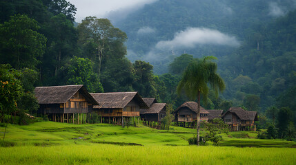 Fototapeta premium Traditional longhouses nestled in the highlands of Sarawak (1)