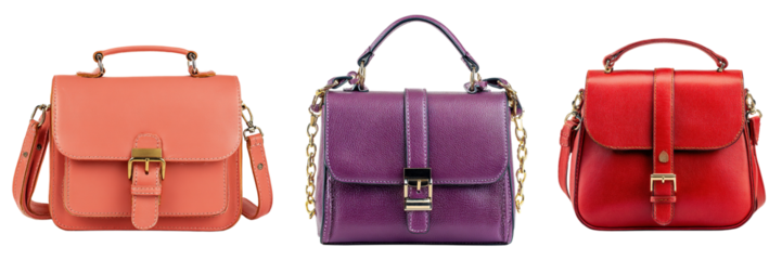 Set of red color, purple color and salmon color leather shoulder bag isolated on a transparent background