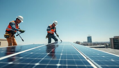 Fototapeta na wymiar Solar Panel Installation on Rooftop with Workers in Protective Gear Under Blue Sky