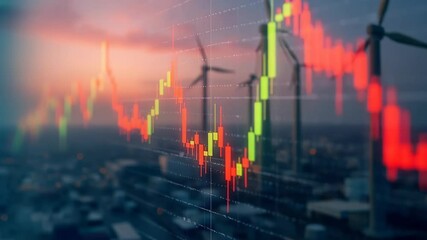 Data Visualization of Energy Trading: A modern representation of energy market data using a candlestick chart against a blurred background of infrastructure. - Powered by Adobe