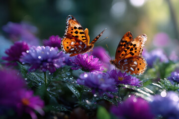 Obraz premium Butterflies fluttering among colorful flowers in a vibrant garden setting during daytime