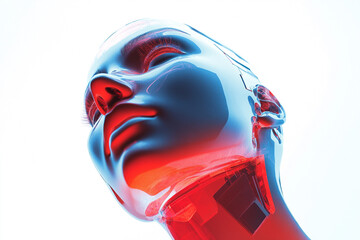 Bold digital face upward view, high contrast on (white) background