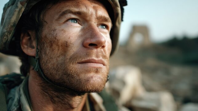 close-up of a soldier face covered in dirt and sweat, his expression serious and focused - Powered by Adobe