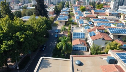 Obraz premium Aerial View of Residential Buildings with Solar Panels on Roofs in Bright Daylight