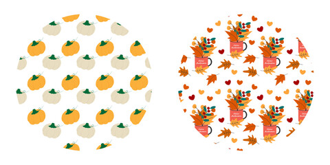 Pumpkins and Autumn leaves Composition in cup Seamless Pattern on Circle Backdrop Seasonal Fond Set