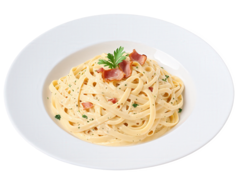 Fettuccine Carbonara A plate of creamy fettuccine carbonara with a glossy, rich sauce made from egg yolks, Parmesan, and crispy