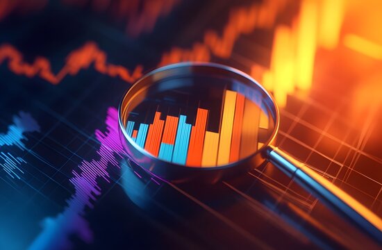 A magnifying glass over an upward-trending graph on the background of digital charts and graphs, representing stock market growth or business success. 